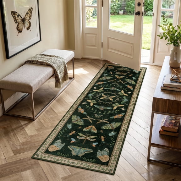Lahome Washable 2'x6' Vintage Butterfly Runner Rug, Dark Green Boho Botanical Insect Pattern Rugs for Hallway Entryway, Non-Slip Soft Forest Carpet for Bedroom Kitchen, Dark Green