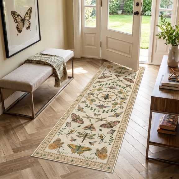 Lahome Washable 2'x6' Vintage Forest Butterfly Runner Rug, Beige Boho Botanical Insect Pattern Rugs for Hallway Entryway, Non-Slip Soft Carpet for Bedroom Kitchen, Beige