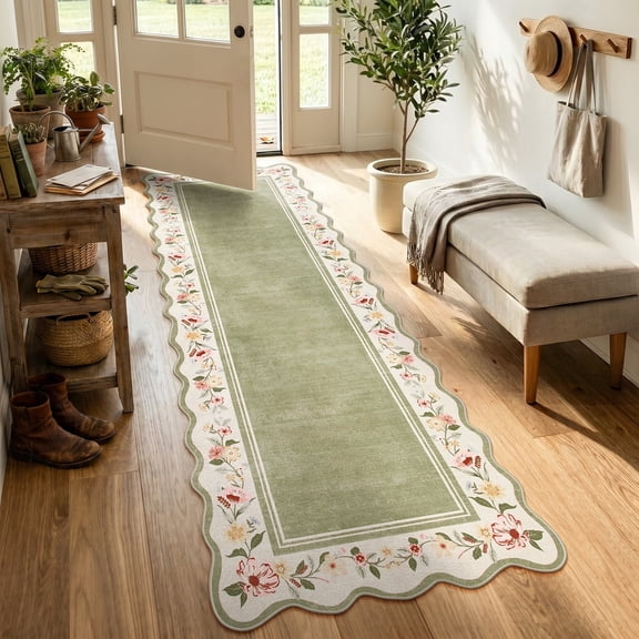 Lahome Washable 2'x8' Scalloped Runner Rug, Green Boho Floral Hallway Rugs for Entryway Kitchen, Non-Slip Soft Low-Pile Microfiber Carpet for Laundry Bedroom, Green