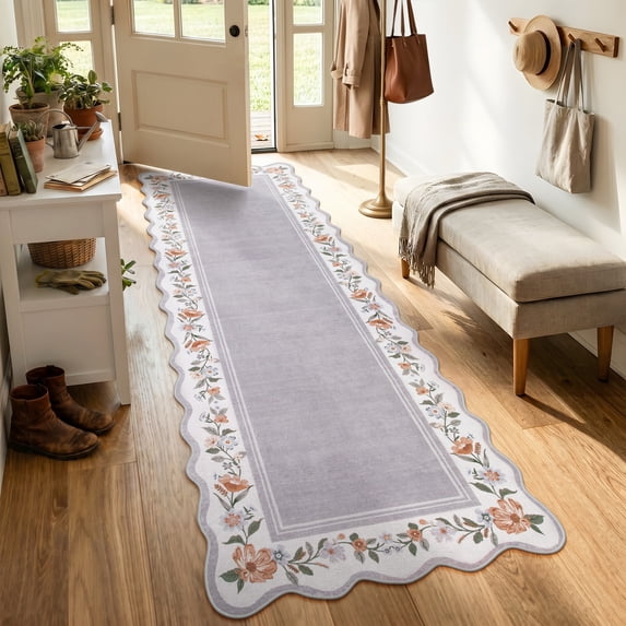 Lahome Washable 2'x8' Scalloped Runner Rug, Grey Boho Floral Hallway Rugs for Entryway Kitchen, Non-Slip Soft Low-Pile Microfiber Carpet for Laundry Bedroom, Grey