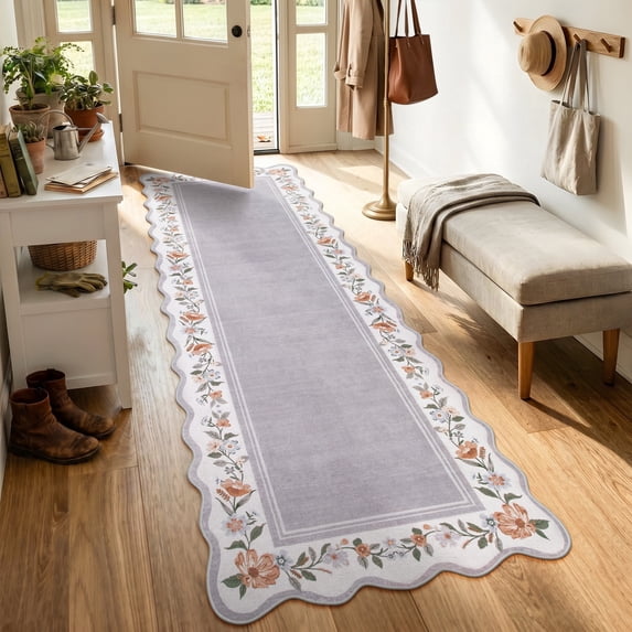 Lahome Washable 2'x8' Scalloped Runner Rug, Grey Boho Floral Hallway Rugs for Entryway Kitchen, Non-Slip Soft Low-Pile Microfiber Carpet for Laundry Bedroom, Grey