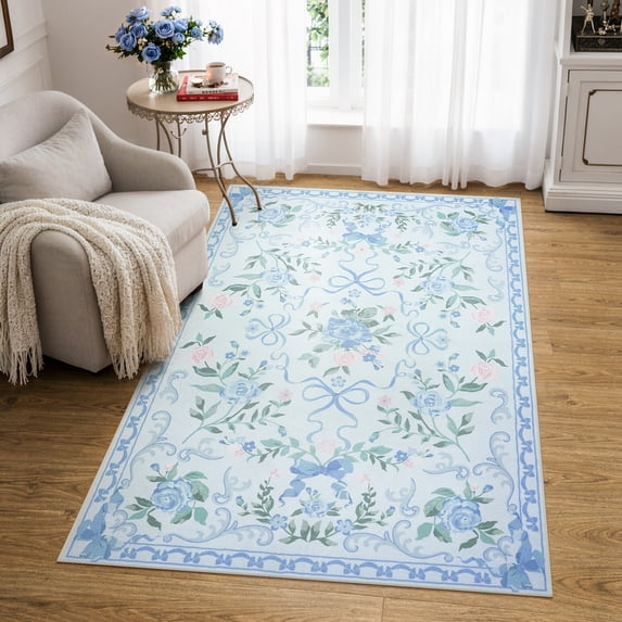Lahome Washable 3'x5' Floral Bow Area Rug, Blue Rugs for Nursery Living Room, Soft Ultra-Thin Non-Slip Carpet for Girls Bedroom Entryway Playroom, Blue