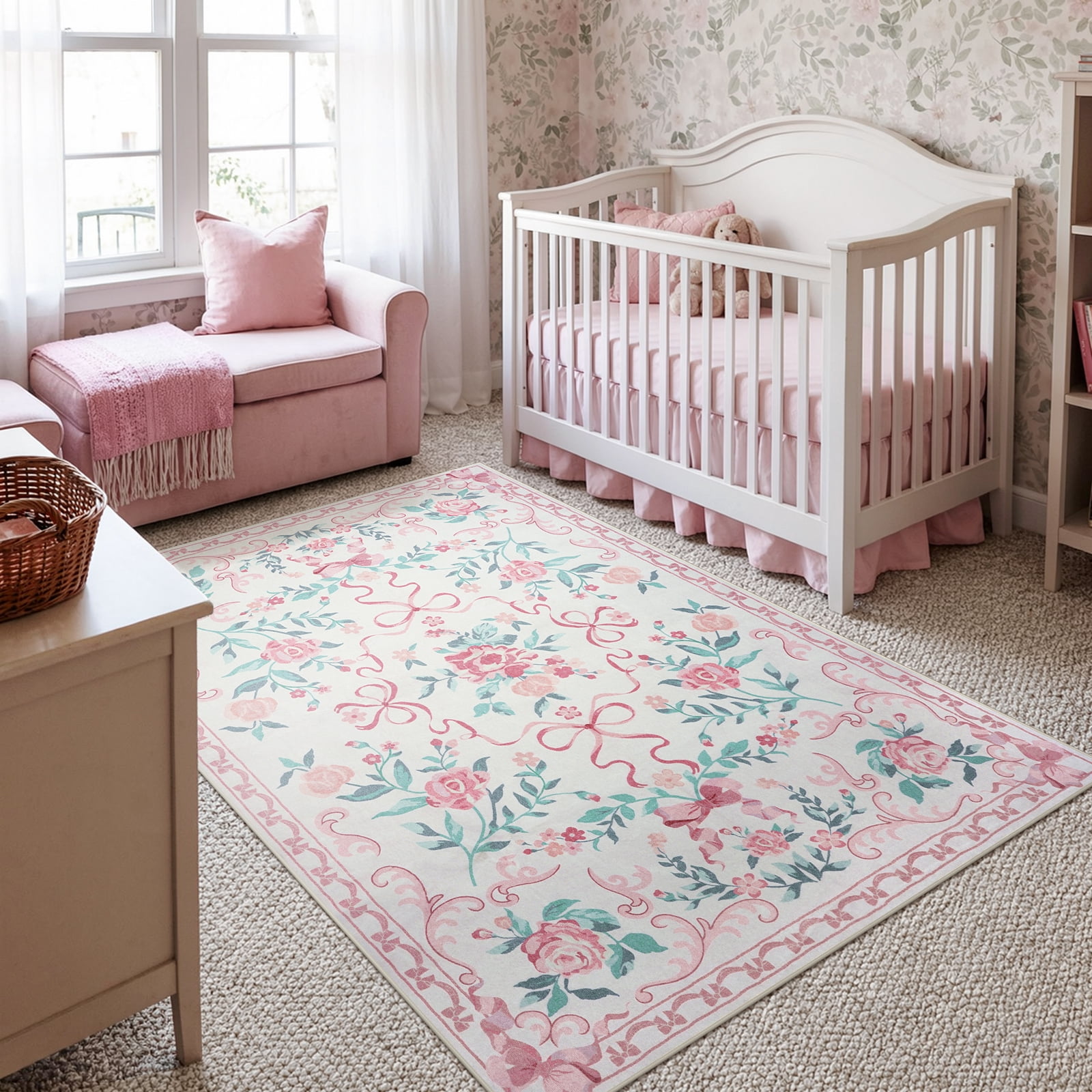 Lahome Washable 3'x5' Floral Bow Area Rug, Pink Rugs for Nursery Living Room, Soft Ultra-Thin Non-Slip Carpet for Girls Bedroom Entryway Playroom, Pink