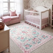 Lahome Washable 3'x5' Floral Bow Area Rug, Pink Rugs for Nursery Living Room, Soft Ultra-Thin Non-Slip Carpet for Girls 
