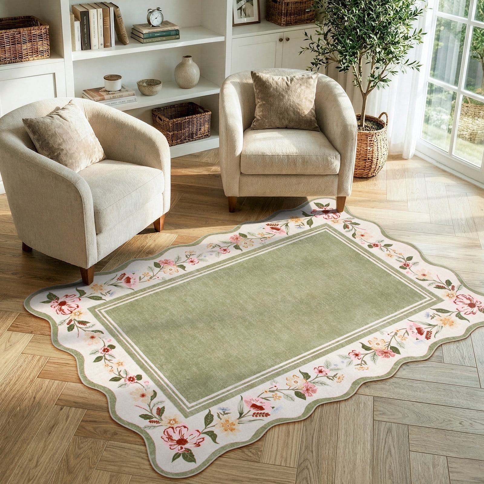 Lahome Washable 3'x5' Scalloped Area Rug, Green Floral Boho Rugs for Living Room, Ultra-Thin Soft Non-Slip Low-Pile Stain Resistant Carpet for Bedroom Dining Room Office, Green