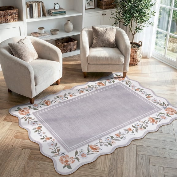 Lahome Washable 3'x5' Scalloped Area Rug, Grey Floral Boho Rugs for Living Room, Ultra-Thin Soft Non-Slip Low-Pile Stain Resistant Carpet for Bedroom Dining Room Office, Grey