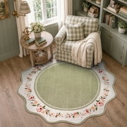 Lahome Washable 4' Round Scalloped Area Rug, Green Floral Rugs for Living Room, Soft Non-Slip Low Pile Stain Resistant Boho Carpet for Bedroom Nursery Kid Room 