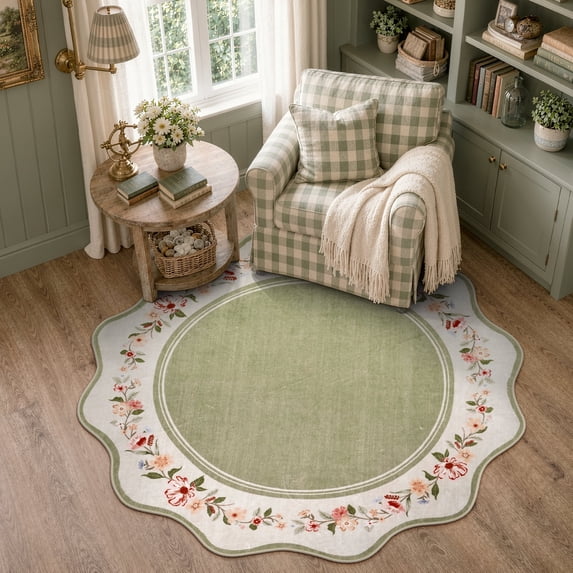 Lahome Washable 4' Round Scalloped Area Rug, Green Floral Rugs for Living Room, Soft Non-Slip Low Pile Stain Resistant Boho Carpet for Bedroom Nursery Kid Room Playroom, Green