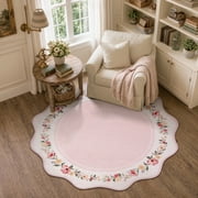 Lahome Washable 4' Round Scalloped Area Rug, Pink Floral Rugs for Living Room, Soft Non-Slip Low Pile Stain Resistant Boho Carpet for Bedroom Nursery Kid Room P