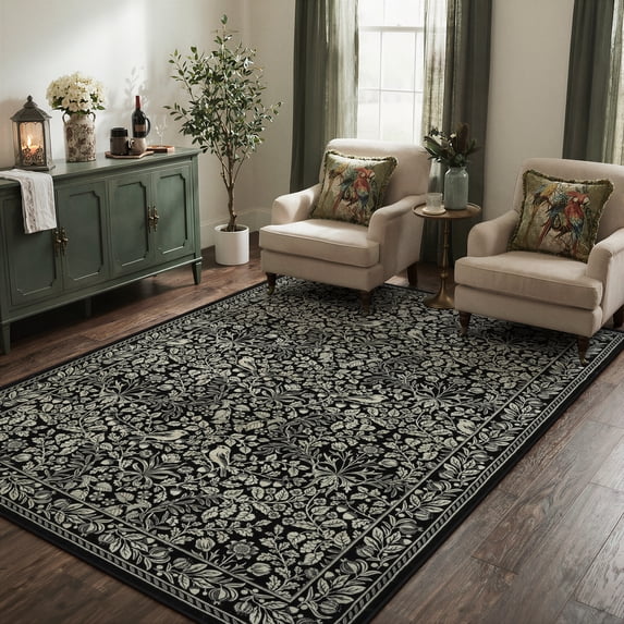 Lahome Washable 5'x7' Area Rug, Black Vintage Floral Rugs for Living Room, Non-Slip Soft Low Pile Botanical Birds Pattern Carpet for Bedroom Dining Room Office Decor, Black