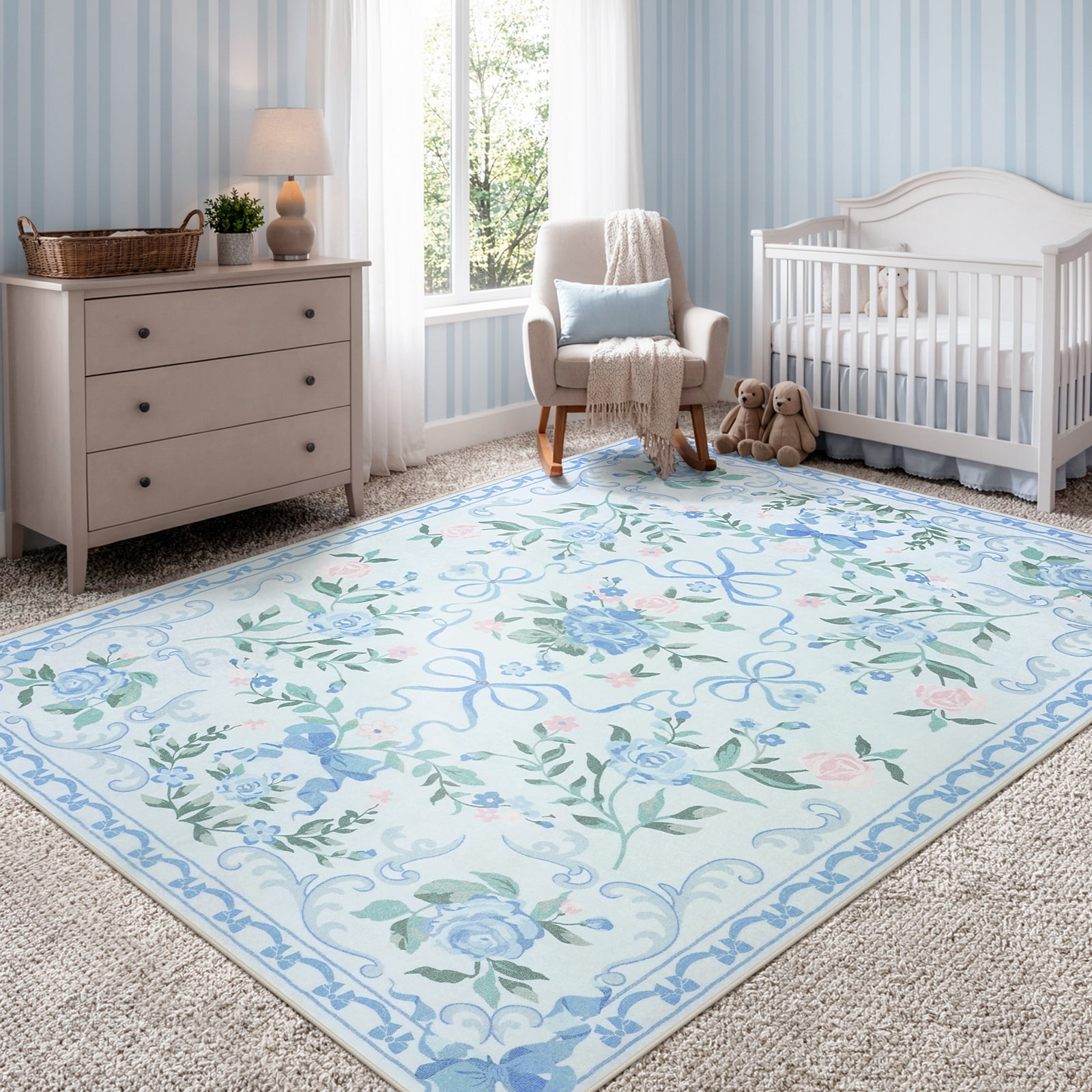 Lahome Washable 5'x7' Floral Bow Area Rug, Blue Rugs for Living Room, Soft Ultra-Thin Non-Slip Carpet for Girls Bedroom Nursery Dorm Kids Room Playroom, Blue