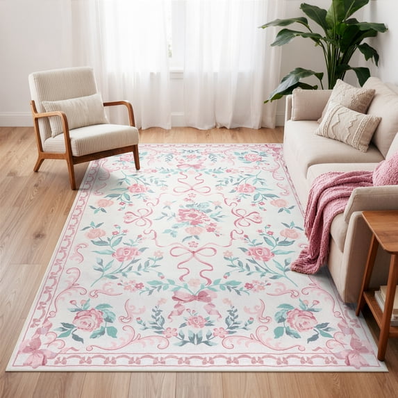 Lahome Washable 5'x7' Floral Bow Area Rug, Pink Rugs for Living Room, Soft Ultra-Thin Non-Slip Carpet for Girls Bedroom Nursery Dorm Kids Room Playroom, Pink