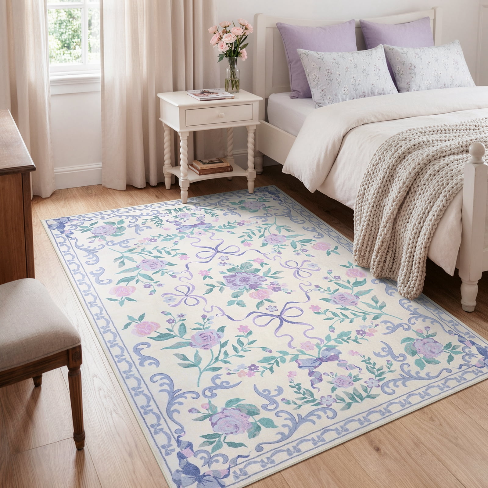 Lahome Washable 5'x7' Floral Bow Area Rug, Purple Rugs for Living Room, Soft Ultra-Thin Non-Slip Carpet for Girls Bedroom Nursery Dorm Kids Room Playroom, Purple