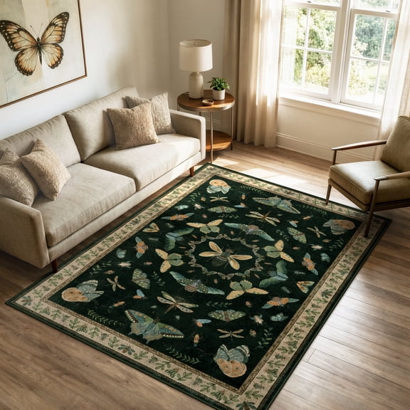 Lahome Washable 5'x7' Insect Botanical Pattern Area Rug, Dark Green Boho Vintage Forest Rugs for Living Room, Ultra-Thin Non-Shedding Non-Slip Soft Carpet for Bedroom Dining Room Nursery, Dark Green