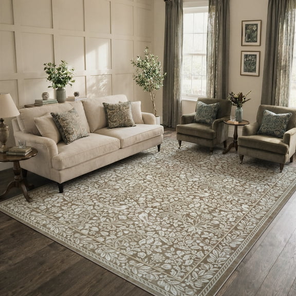 Lahome Washable 8'x10' Area Rug, Beige Vintage Floral Rugs for Living Room, Non-Slip Soft Low Pile Farmhouse Botanical Carpet with Birds for Bedroom Dining Room Office Decor, Neutral Beige