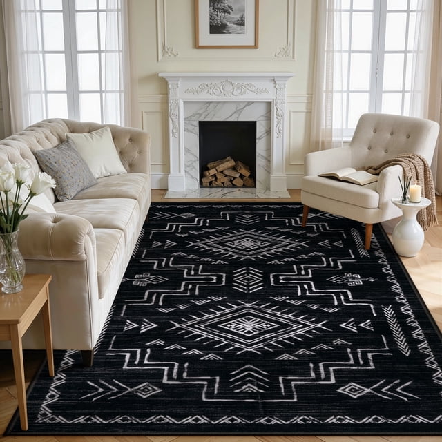 Lahome Washable 8'x10' Area Rug, Black Rugs for Living Room, Non-Slip ...