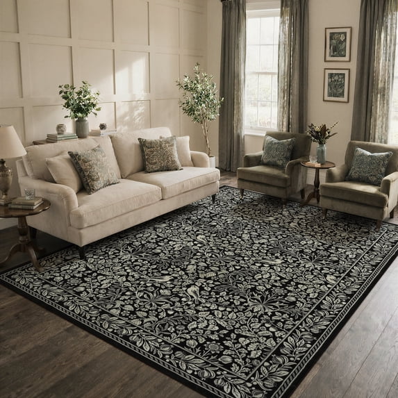 Lahome Washable 8'x10' Area Rug, Black Vintage Floral Rugs for Living Room, Non-Slip Soft Low Pile Farmhouse Botanical Birds Pattern Carpet for Bedroom Dining Room Office Decor, Black