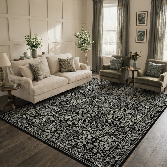 Lahome Washable 8'x10' Area Rug, Black Vintage Floral Rugs for Living Room, Non-Slip Soft Low Pile Farmhouse Botanical Birds Pattern Carpet for Bedroom Dining Room Office Decor, Black