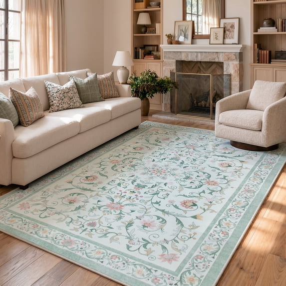 Lahome Washable 8'x10' Area Rug, Green Vintage Floral Rugs for Living Room, Soft Low Pile Non-Slip Botanical Carpet for Girls Bedroom, Boho Flower Large Nursery Playroom Dining Room Decor, Green