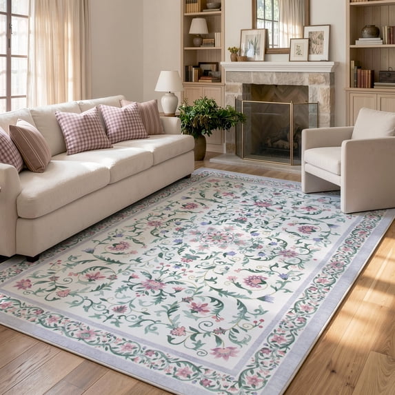 Lahome Washable 8'x10' Area Rug, Purple Vintage Floral Rugs for Living Room, Soft Non-Slip Low Pile Large Carpet for Bedroom Nursery, Boho Farmhouse Dining Room Decor, Purple