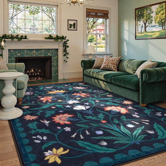 Lahome Washable 8'x10' Boho Floral Area Rug, Dark Blue Rugs for Living Room, Non-Slip Ultra-Thin Soft Vintage Carpet for Bedroom Dining Room Under Table Home Office, Large Area Rugs, Dark Blue