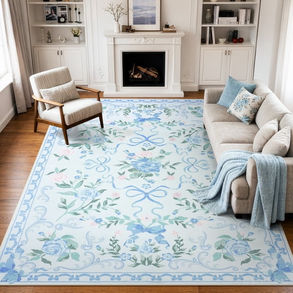 Lahome Washable 8'x10' Floral Bow Area Rug, Blue Rugs for Living Room, Soft Non-Slip Boho Carpet for Bedroom Kids Room Nursery Dining Room, Large Rug, Blue