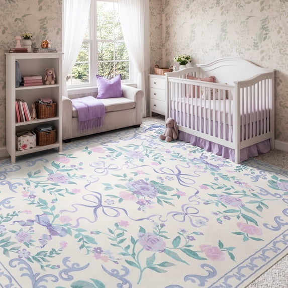 Lahome Washable 8'x10' Floral Bow Area Rug, Purple Rugs for Living Room, Soft Non-Slip Boho Carpet for Bedroom Kids Room Nursery Dining Room, Large Rug, Purple