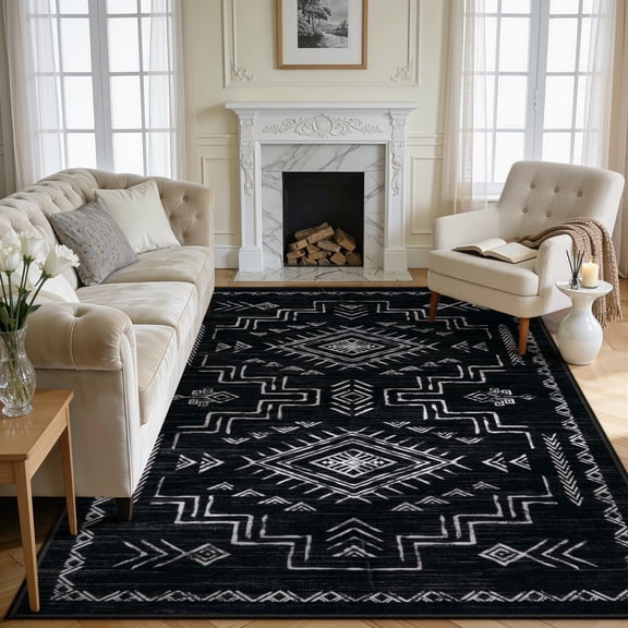 Lahome Washable 8x10 Black and White Area Rug - Western Aztec Tribal Moroccan Design, Non-Slip Large Carpet for Living Room or Home Office