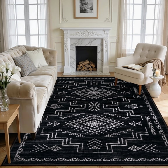 Lahome Washable 8'x10' Area Rug, Black Rugs for Living Room, Non-Slip Aztec Tribal Moroccan Carpet for Bedroom, Neutral Large Area Rugs Under Dining Table Home Office, Black