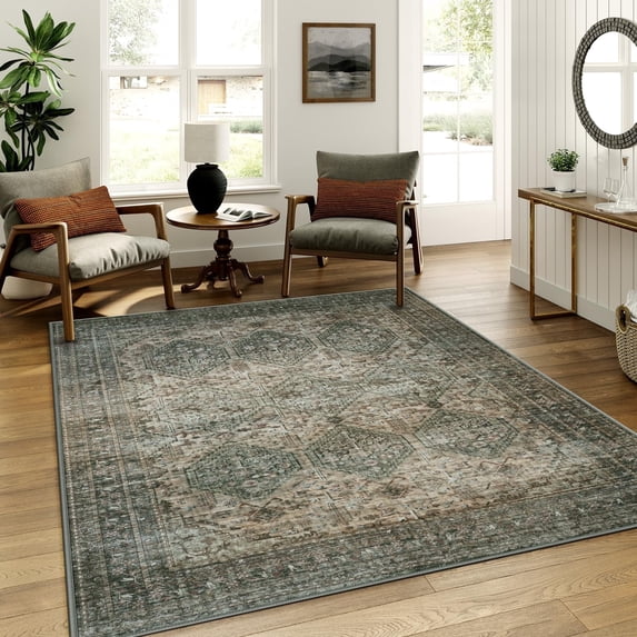 Lahome Washable 8x10 Rug, Non Slip Living Room Floor Carpet, Non-Shedding 8x10 Area Rug Under Bed, Vintage Nursery Rug, Low Pile Large Area Rug for Office/Playroom/Bedroom(Brownish)