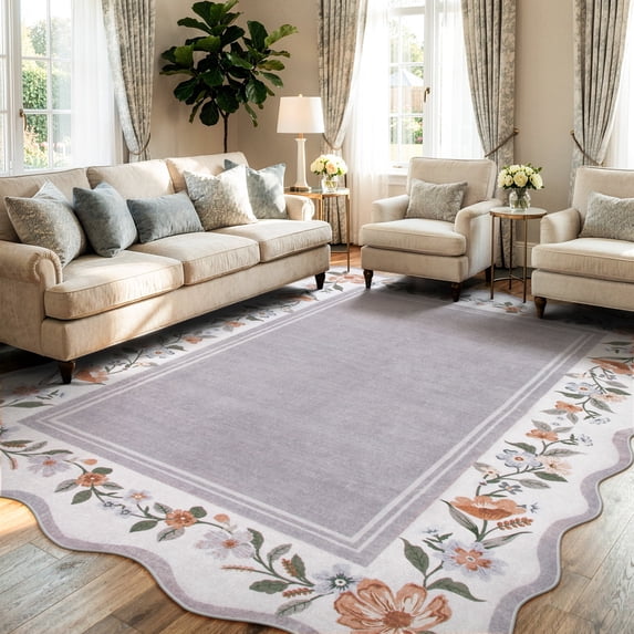 Lahome Washable 9'x12' Scalloped Area Rug, Grey Boho Floral Rugs for Living Room, Non-Slip Low-Pile Vintage Distressed Carpet for Bedroom Dining Room Office, Large Rug, Grey