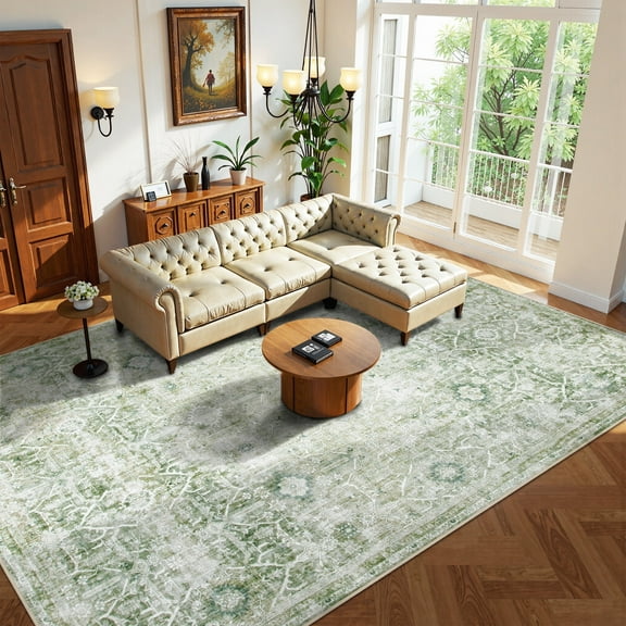 Lahome Washable Area Rug 10x14, Large Green Rugs for Living Room Vintage Oriental Soft Rugs for Bedroom, Non Slip Ultra-Thin Stain Resistant Dining Room Floor Carpet for Office
