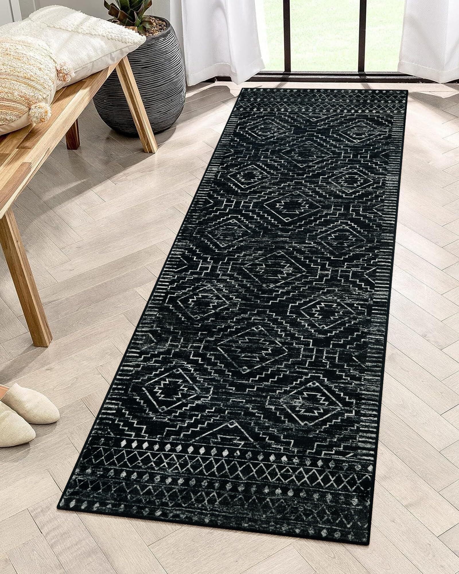 Lahome 2'x6' Moroccan Runner Rug, Washable Kitchen Bathroom Rug, Non-Slip Geometric Carpet for Hallway Laundry Entryway, Black Boho Soft Floor Mat with Rubber Backing