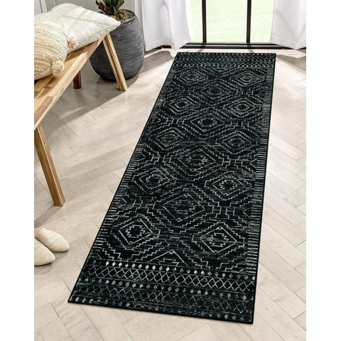 Lahome 2'x6' Moroccan Runner Rug, Washable Kitchen Bathroom Rug, Non-Slip Geometric Carpet for Hallway Laundry Entryway, Black Boho Soft Floor Mat with Rubber Backing