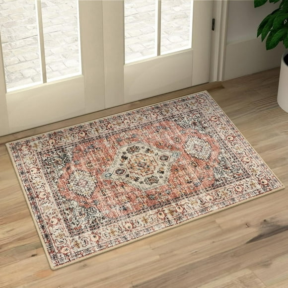 Lahome Washable Rug, 2x3 Small Boho Rug,Ultra Soft Rugs for Entryway, Non-Slip Entry Rugs Oriental Low-Pile Indoor Mat Floor Carpet for Entrance Bedroom Kitchen Bathroom Foyer Decor,Terracotta