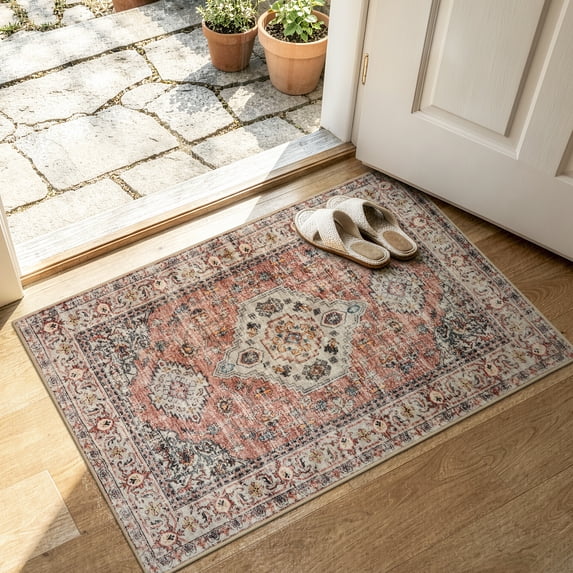 Lahome Washable Rug, 2x3 Small Boho Rug,Ultra Soft Rugs for Entryway, Non-Slip Entry Rugs Oriental Low-Pile Indoor Mat Floor Carpet for Entrance Bedroom Kitchen Bathroom Foyer Decor,Terracotta