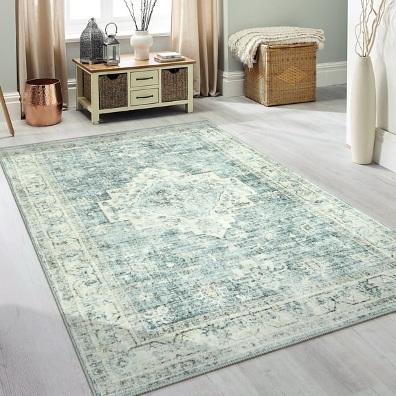 Lahome 4x6 Boho Washable Rug Indoor, Non Slip Rugs for Livng Room, Soft Ultra Thin Green Bedroom Rug Throw Carpet for Nursery Playroom