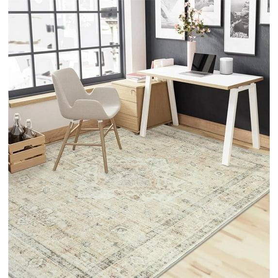 Lahome 4x6 Farmhouse Washable Rug Indoor, Non Slip Rugs for Livng Room, Soft Ultra Thin Tan Beige Bedroom Rug Throw Carpet for Nursery Playroom