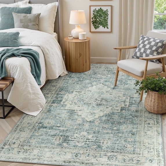Lahome 5x7 Farmhouse Washable Rug Indoor, Non Slip Rugs for Livng Room, Soft Ultra Thin Green Bedroom Rug Throw Carpet for Nursery Playroom