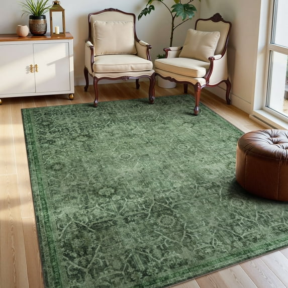 Lahome Washable Rug 5'x7' Stain Resistant Non-Slip Ultra-Thin Area Rug for Living Room, Bedroom, Kitchen, Office and Entryway, Vintage Soft Floor Carpet,Dark Green