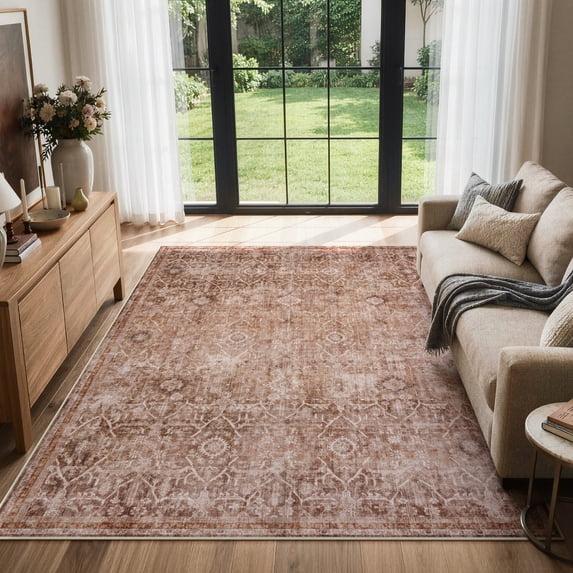 Lahome Washable Rug 5x7 Terracotta - Stain Proof Non-Slip Ultra-Thin Area Rug for Kitchen, Entryway, Living Room, Bedroom and Office, Vintage Soft Floor Mat