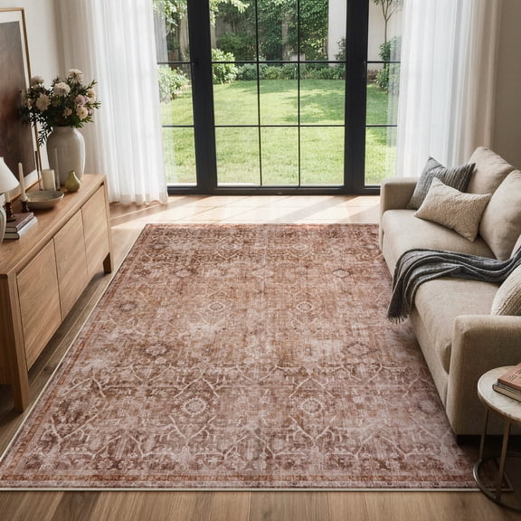 Lahome Washable Rug 5x7 Terracotta - Stain Proof Non-Slip Ultra-Thin Area Rug for Kitchen, Entryway, Living Room, Bedroom and Office, Vintage Soft Floor Mat