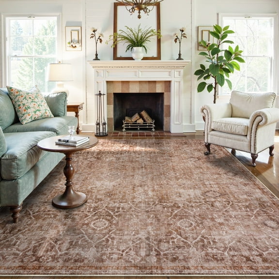 Lahome Washable Rug 6x9 Terracotta - Stain Resistant Low Pile Carpet for Bedroom, Living Room, Dining Room, Entryway and Office, Vintage Non-Slip Area Rug