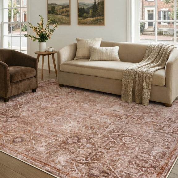 Lahome Washable Rug 6x9 Terracotta - Stain Resistant Low Pile Carpet for Bedroom, Living Room, Dining Room, Entryway and Office, Vintage Non-Slip Area Rug