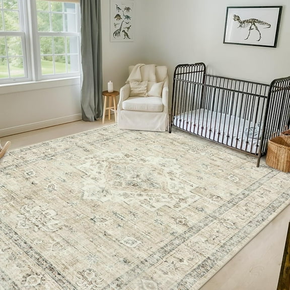 Lahome 8x10 Farmhouse Washable Rug Indoor, Non Slip Large Rugs for Livng Room, Soft Ultra Thin Tan Beige Bedroom Rug Throw Carpet for Nursery Playroom