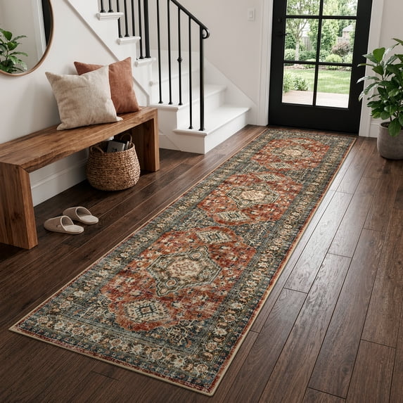 Lahome Washable Runner Rug, 2x8 Non-Slip Boho Vintage Hallway Rug Runner with Rubber Backing, Stain Resistant，Low Pile Faux Wool Distressed Carpet Runner for Bedroom, Kitchen, Laundry, Entrance