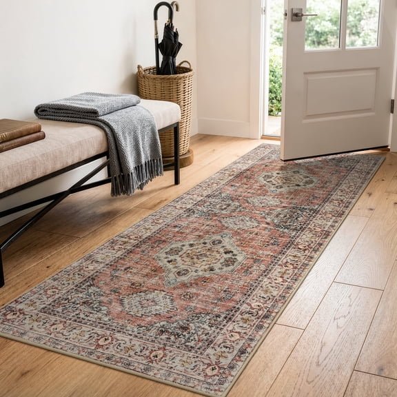Lahome Washable Runners Area Rug for Hallways, Ultra Soft 2'x6' Runner Rug，Non-Slip Vintage Oriental Medallion Long Carpet for Kitchen Bedroom Laundry Bathroom,Terracotta
