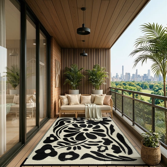 Lahome Waterproof Outdoor Rug 4'x6', Reversible Plastic Straw RV Camping Mat - Portable Abstract Flower Patio Carpet for Deck, Backyard, Balcony, Garden (Black & White)