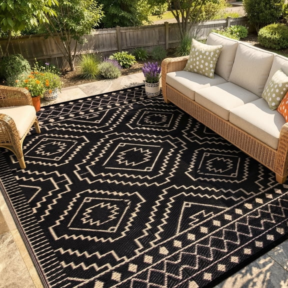 Lahome Waterproof Outdoor Rug 6x9, Reversible Plastic Straw Patio Mat - Moroccan Design for Backyard, Balcony, Garden, Deck, RV Camping, Black & Beige