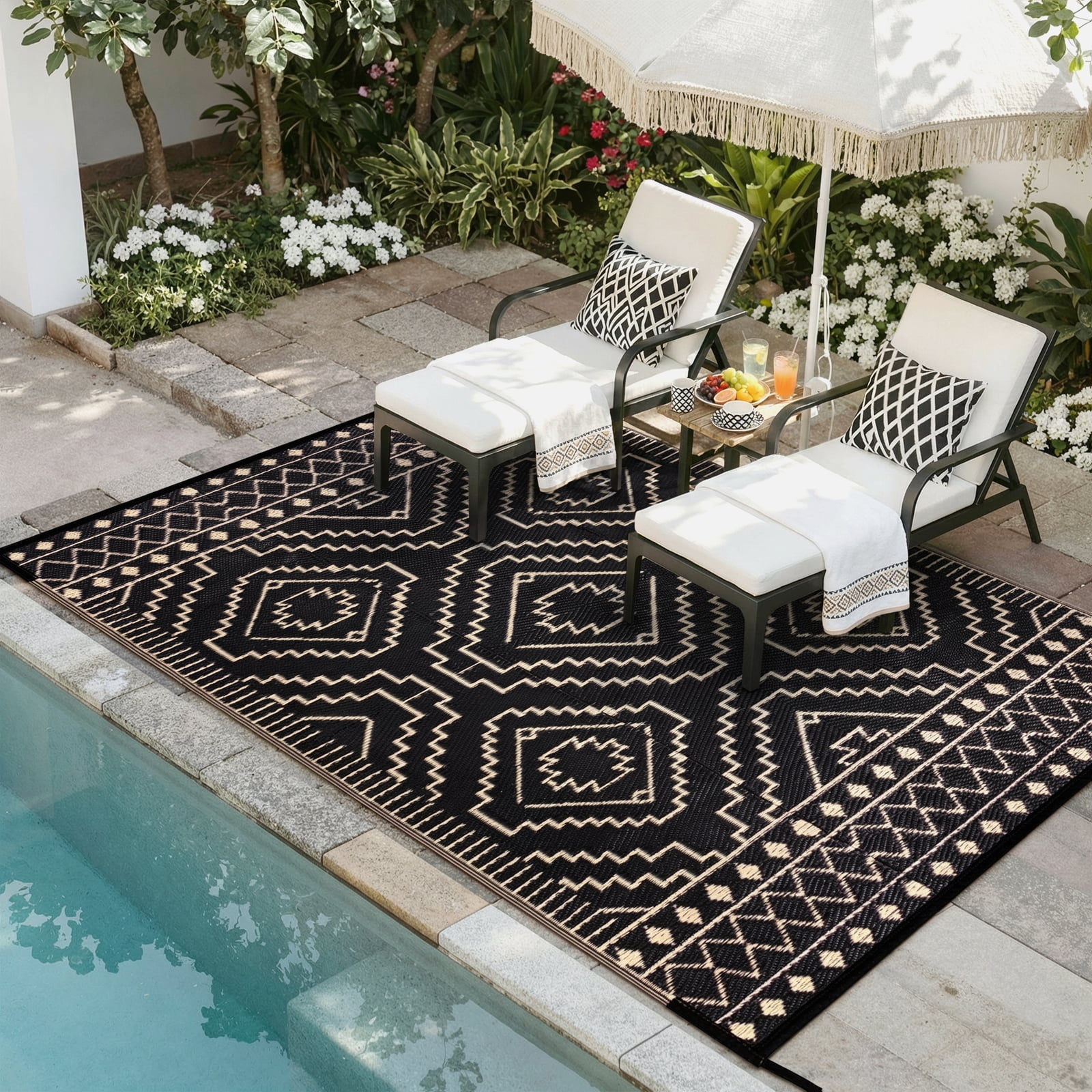 Lahome Waterproof Outdoor Rug 6x9, Reversible Plastic Straw Patio Mat - Moroccan Design for Backyard, Balcony, Garden, Deck, RV Camping, Black & Beige